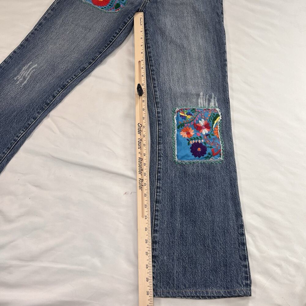 8241 Ranch Jeans Size 6 Blue Floral Crochet Patches Straight Leg Boho Festival - Picture 6 of 15